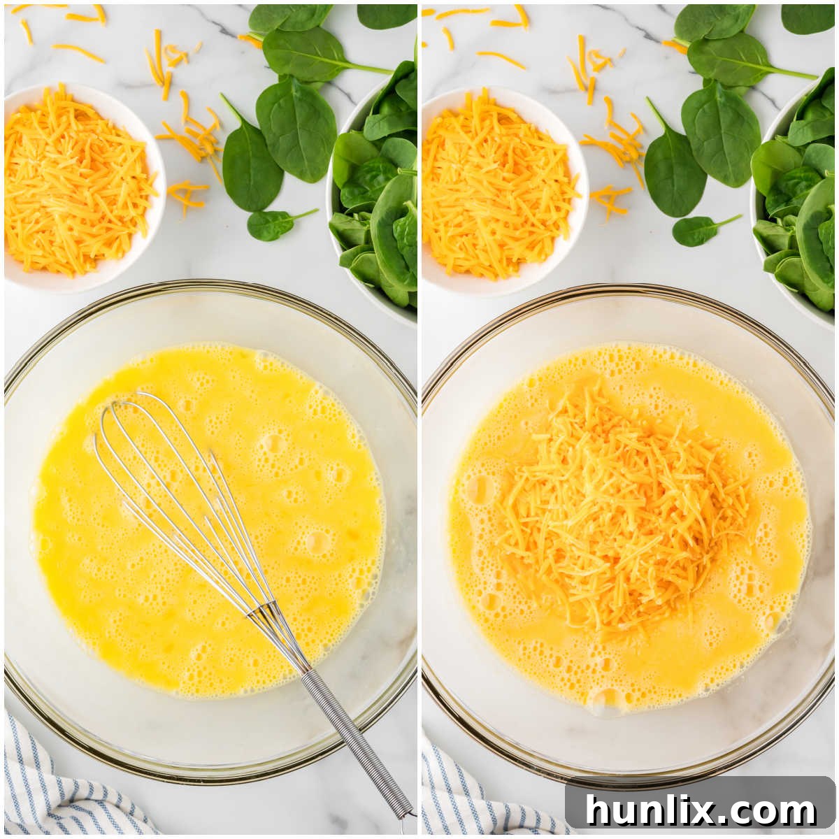 Step-by-step image showing whisked eggs in one bowl and shredded cheese in another, preparing for the egg muffin mixture.
