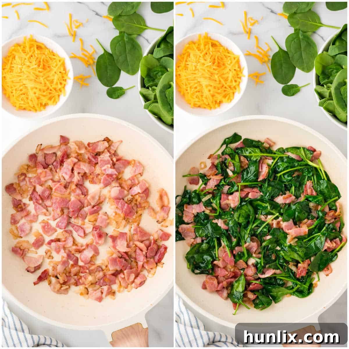 Frying pan on stovetop with cooked bacon, caramelized onions, and wilted spinach mixture, ready to be added to the eggs.