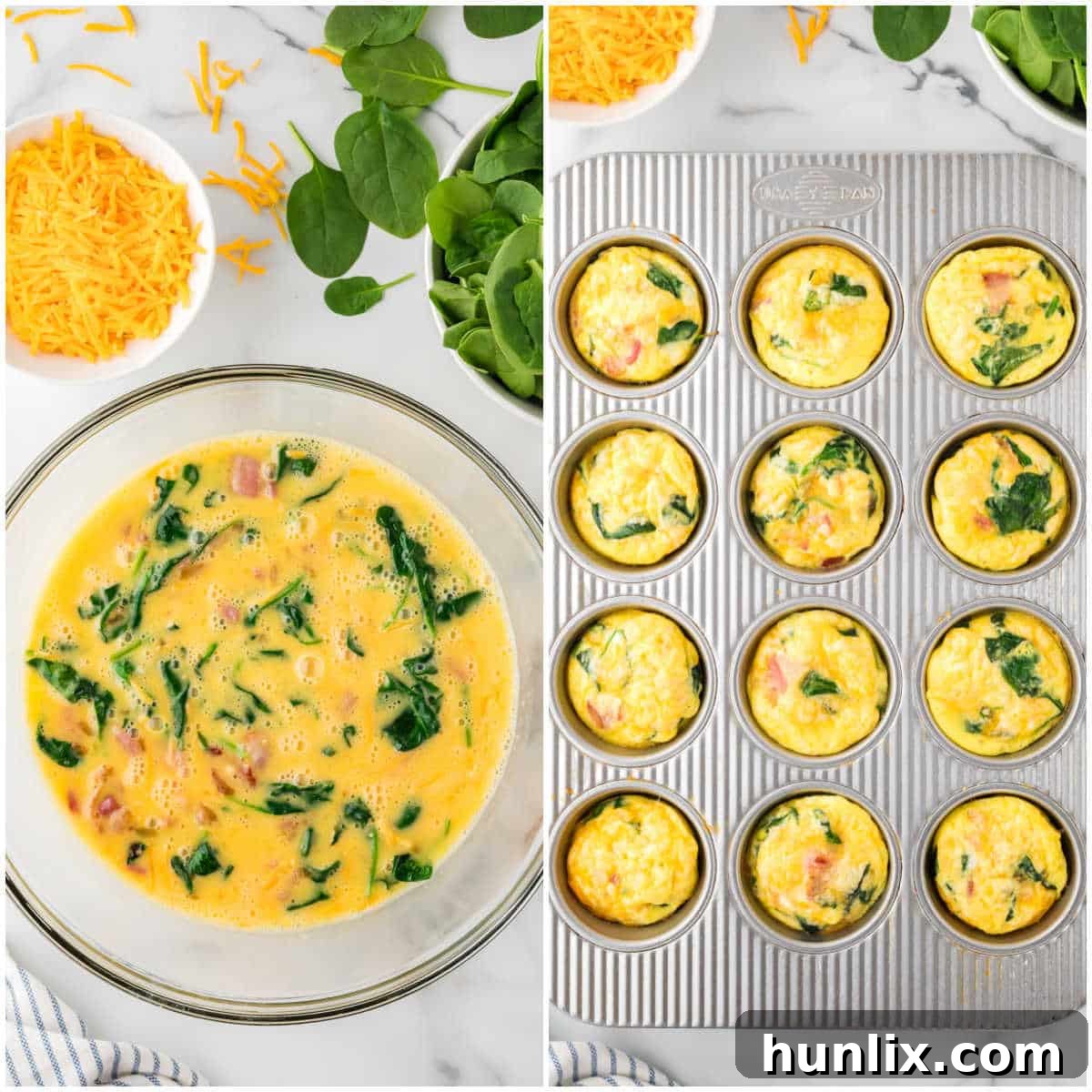 Close-up of the egg mixture being carefully ladled into a muffin pan, showing the fillings distributed evenly.