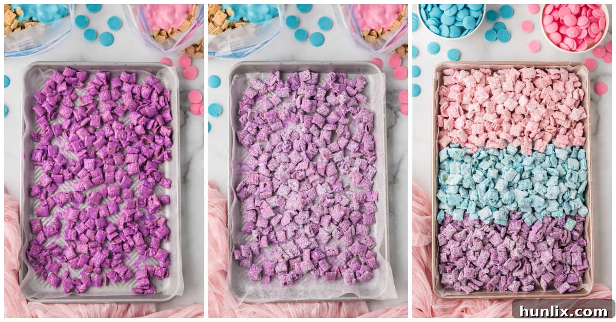 Collage showing the process of dusting puppy chow with powdered sugar on a baking sheet.