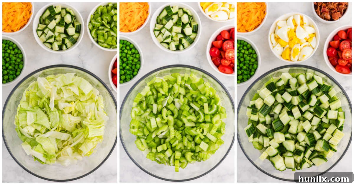 Collage of layering salad ingredients in dish.
