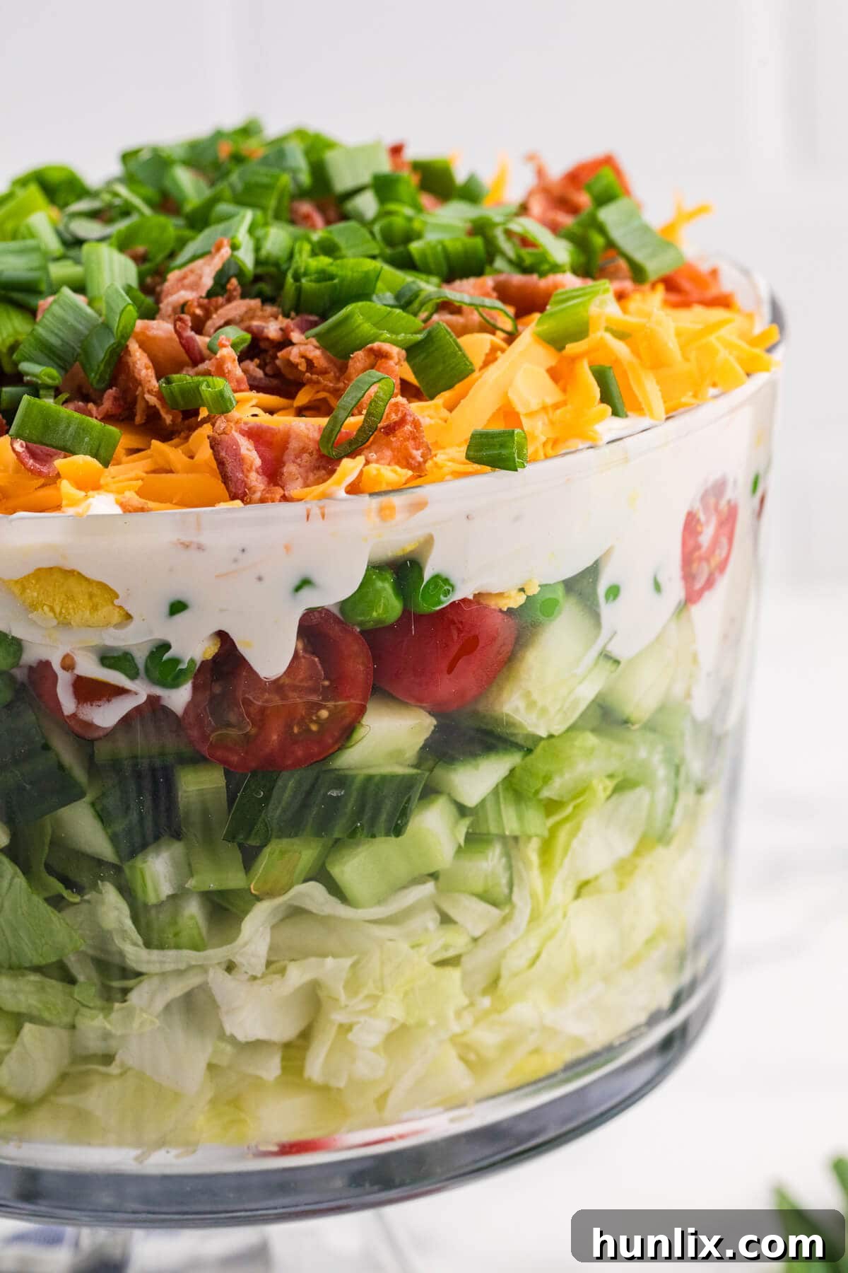 Side view of layered seven layer salad showing lettuce, cucumber, tomatoes, dressing, cheddar cheese, bacon, and scallions in a glass bowl.